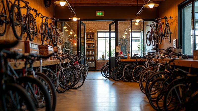 Interno del negozio di biciclette Cicli Bologna, con biciclette esposte e un'atmosfera accogliente.